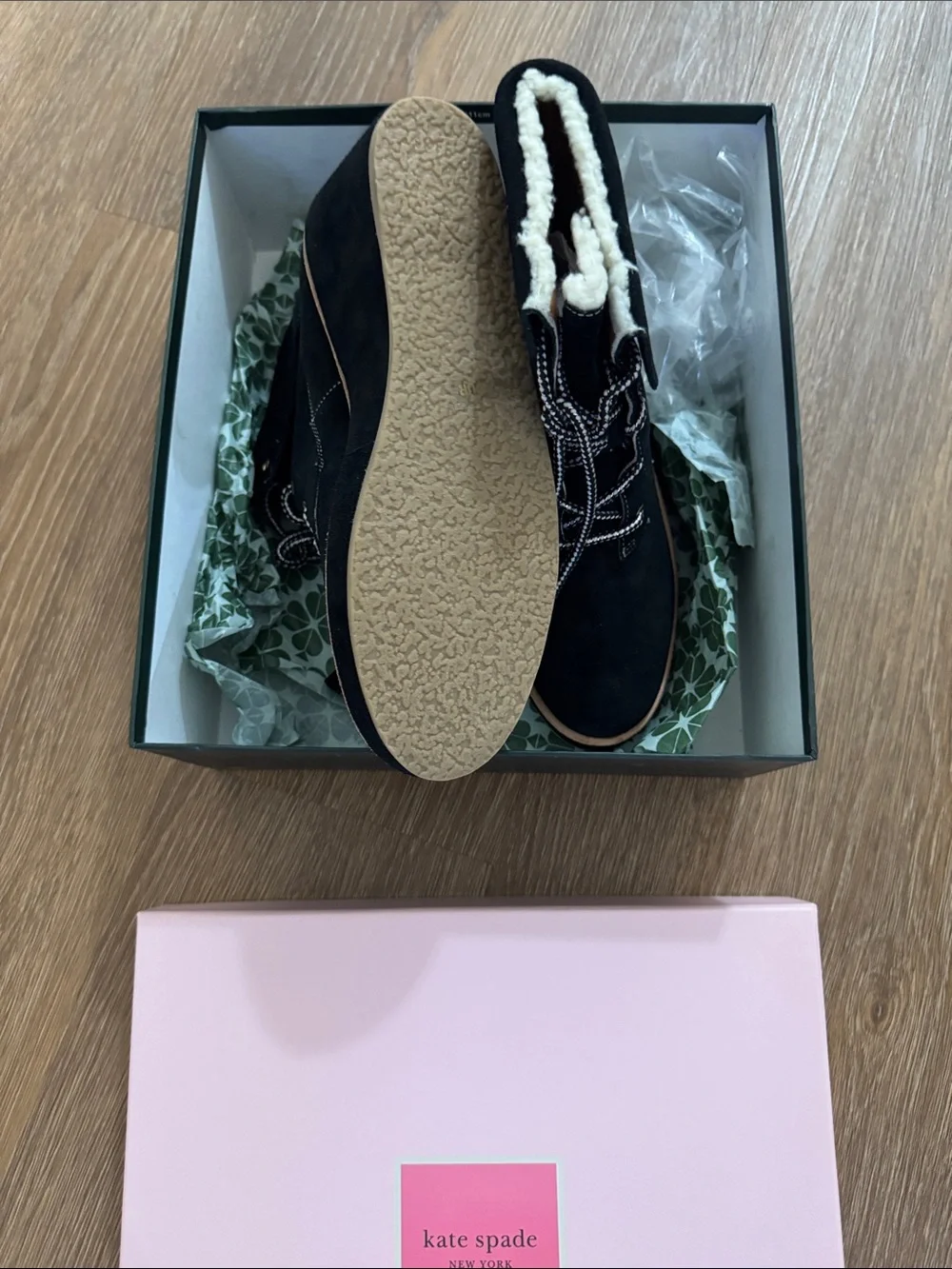 kate spade Black Suede Lace-Up Wedge Ankle Boots with Tan Trim